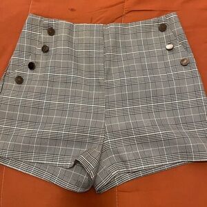 SHEIN Gray Plaid High Waist Shorts with Button Accents